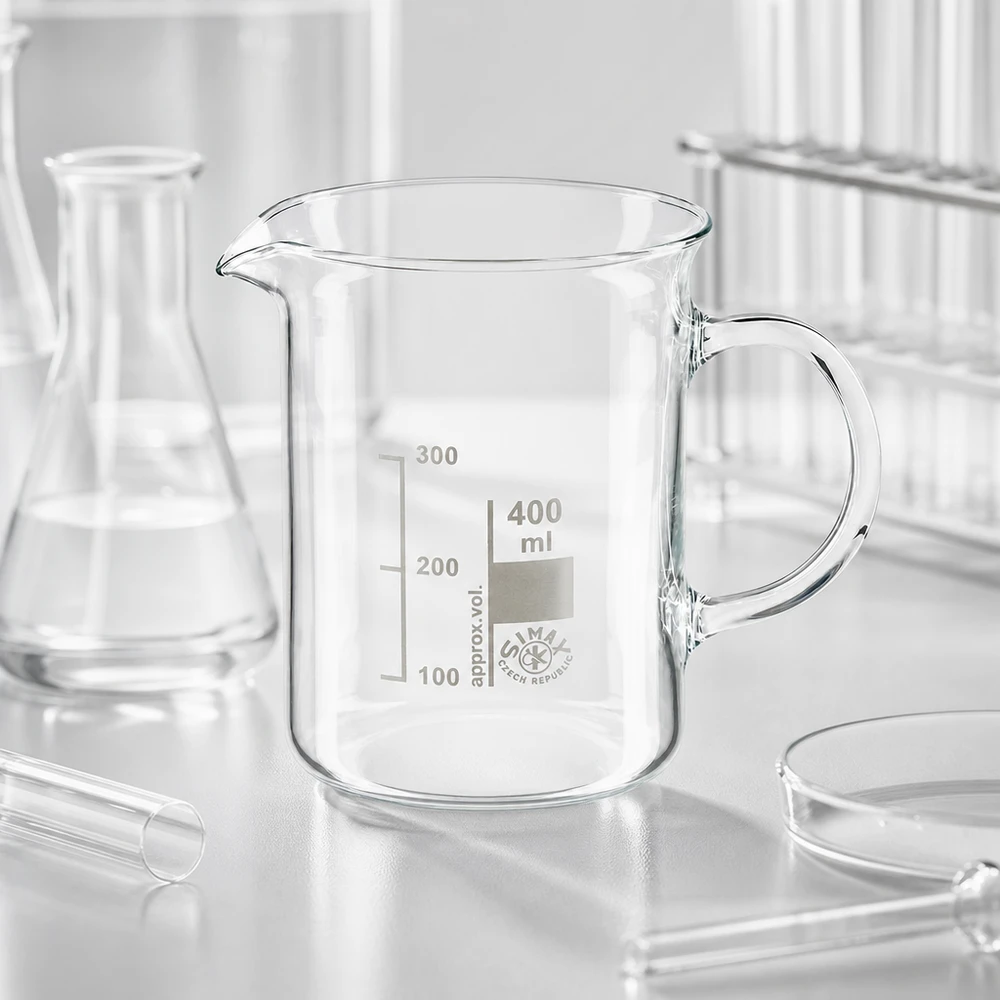 Bécher vide de 400 ml avec anse, en verre borosilicaté transparent, destiné à un usage en laboratoire