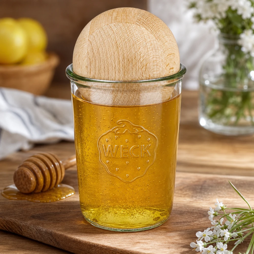 850ml bocal conique WECK RR100 avec boule en bois en hêtre WECK RR100 Pot renversé 850ml rempli de miel et boule en bois de hêtre, présentation décorative pour la cuisine avec cuillère à miel