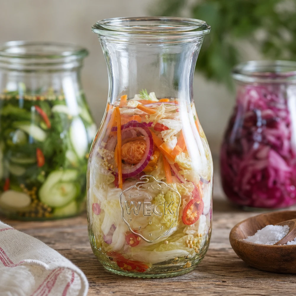 WECK Bouteille de jus 290ml RR60 avec légumes fermentés et cornichons marinés pour une conservation saine