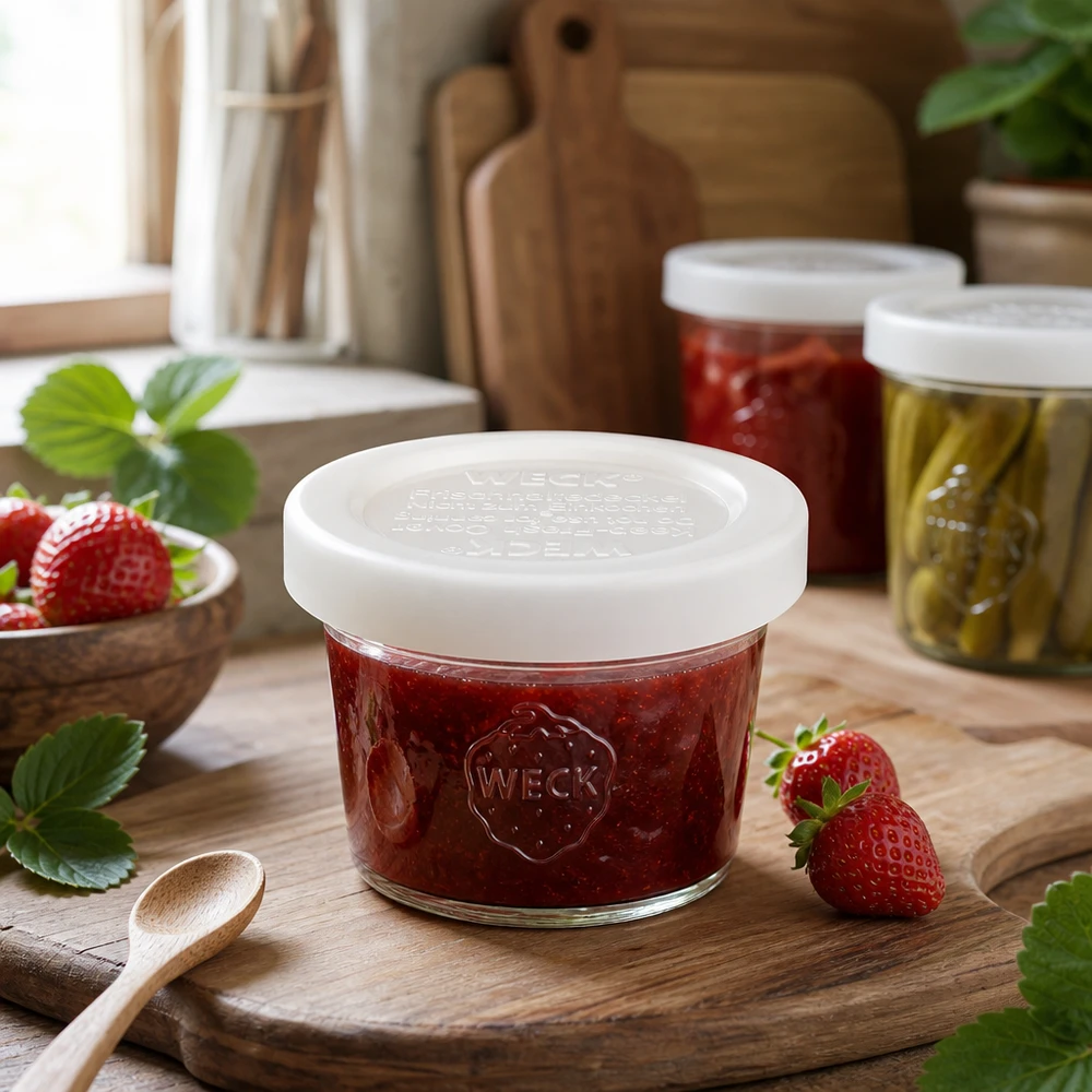 35ml bocal conique avec couvercle fraîcheur WECK RR40 WECK Pot renversé 35ml RR40 rempli de confiture de fraise sur planche en bois, exemple d'utilisation pour petits pots de conservation