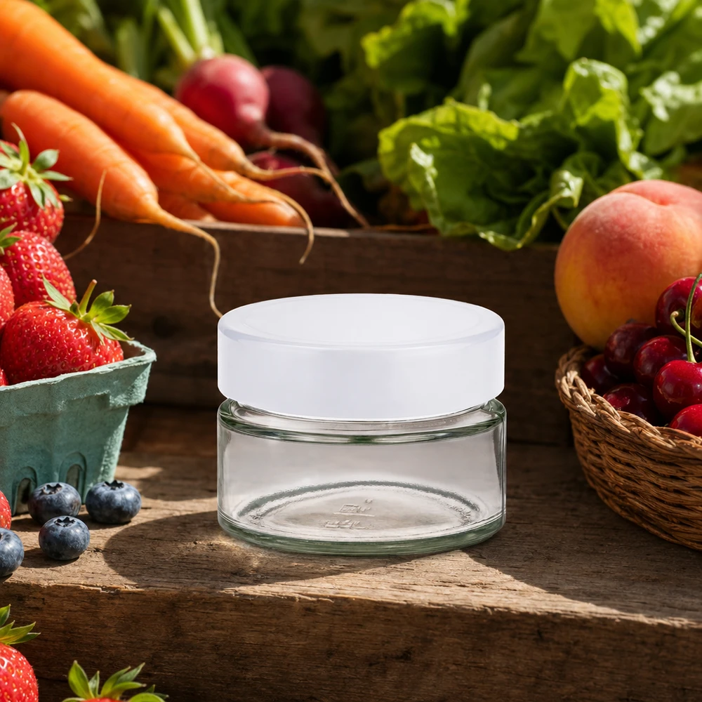 Verre rond de 130 ml UNiTWIST BasicSeal blanc dans un environnement de cuisine naturel avec des fruits et légumes frais