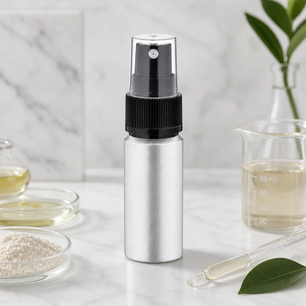 Bouteille en aluminium décapé premium de 20ml avec tête de pulvérisation ergonomique pour les soins naturels de la peau