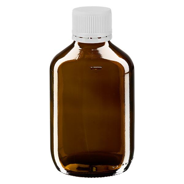 Bouteille à usage médical de 200 ml, marron, avec bouchon blanc d'origine Bouteille à usage médical de 200 ml, marron, avec bouchon blanc d'origine