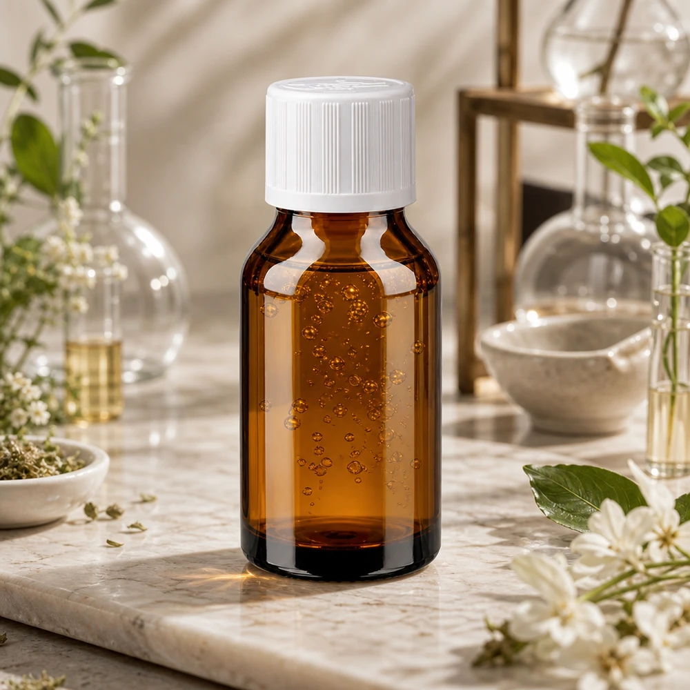 Huile essentielle en flacon en verre brun de 15 ml protégé des UV, muni d'un bouchon à vis blanc