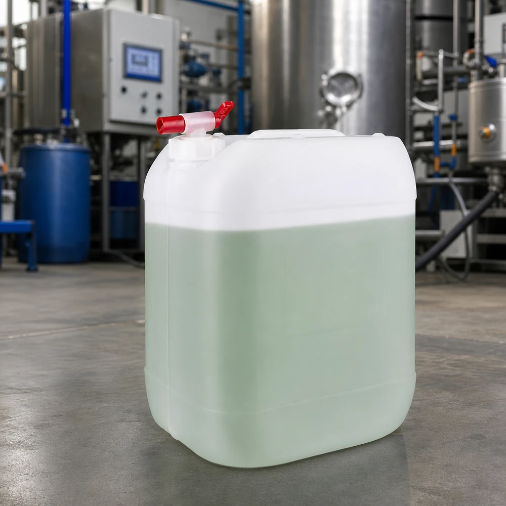 Jerrican de 20 litres avec robinet Bidon industriel transparent de 20 litres contenant un liquide vert et muni d'un robinet de vidange rouge