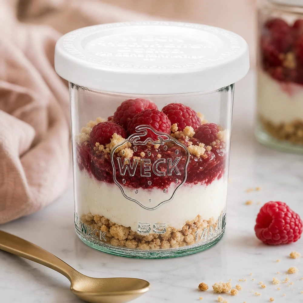 WECK 140ml pot renversé RR60 rempli de framboises et de dessert au mascarpone - présentation élégante pour les desserts sucrés
