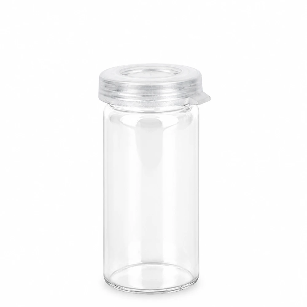Petit flacon en verre à bord roulé, transparent, de 5 ml, avec un bouchon à encliqueter transparent pour comprimés