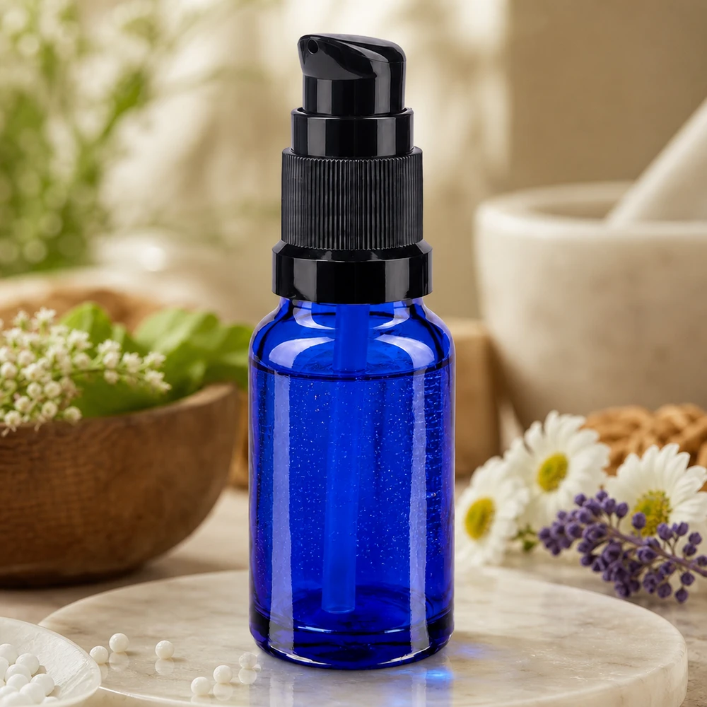 Flacon pompe de 10 ml en verre d'apothicaire bleu avec doseur noir pour sérums