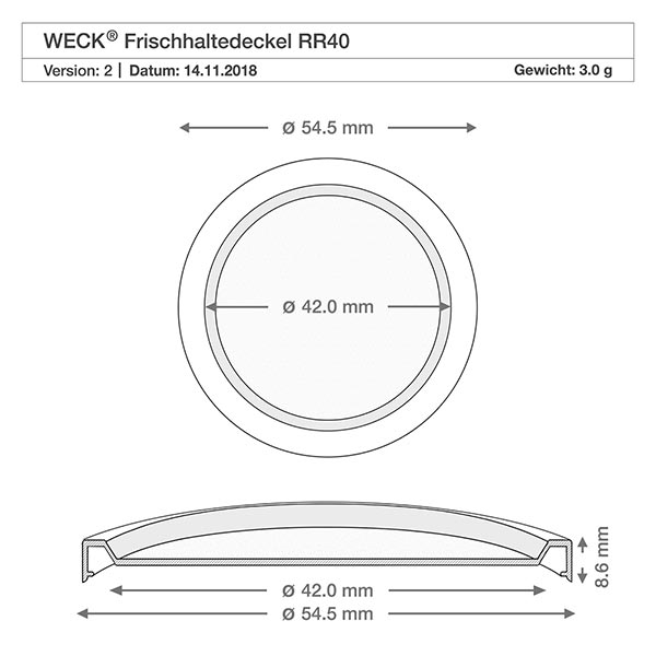 145ml bocal cylindrique avec couvercle fraîcheur WECK RR40 WECK RR40 Couvercle pour produits frais Dessin technique avec dimensions 54,5mm Diamètre extérieur 42mm Diamètre intérieur 8,6mm Hauteur