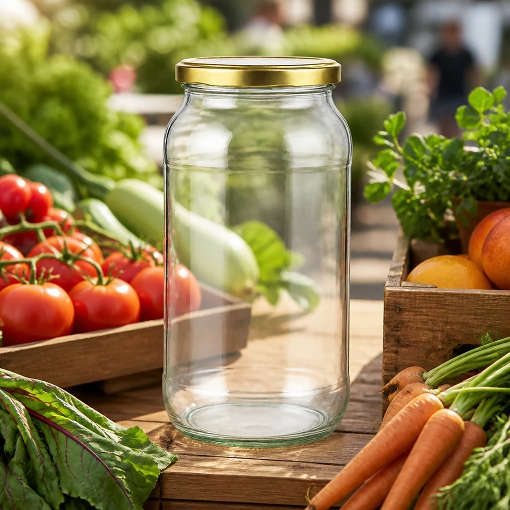1062ml Verre rond avec couvercle BasicSeal or UNiTWIST Bocal rond de 1062 ml avec couvercle doré BasicSeal entre des tomates et des carottes fraîches sur une table en bois dans le jardin