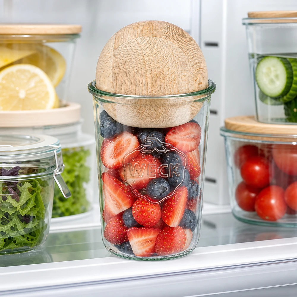 850ml bocal conique WECK RR100 avec boule en bois en hêtre WECK RR100 Pot renversé 850ml avec baies fraîches au réfrigérateur, boule en bois de hêtre comme couvercle pour conserver la fraîcheur