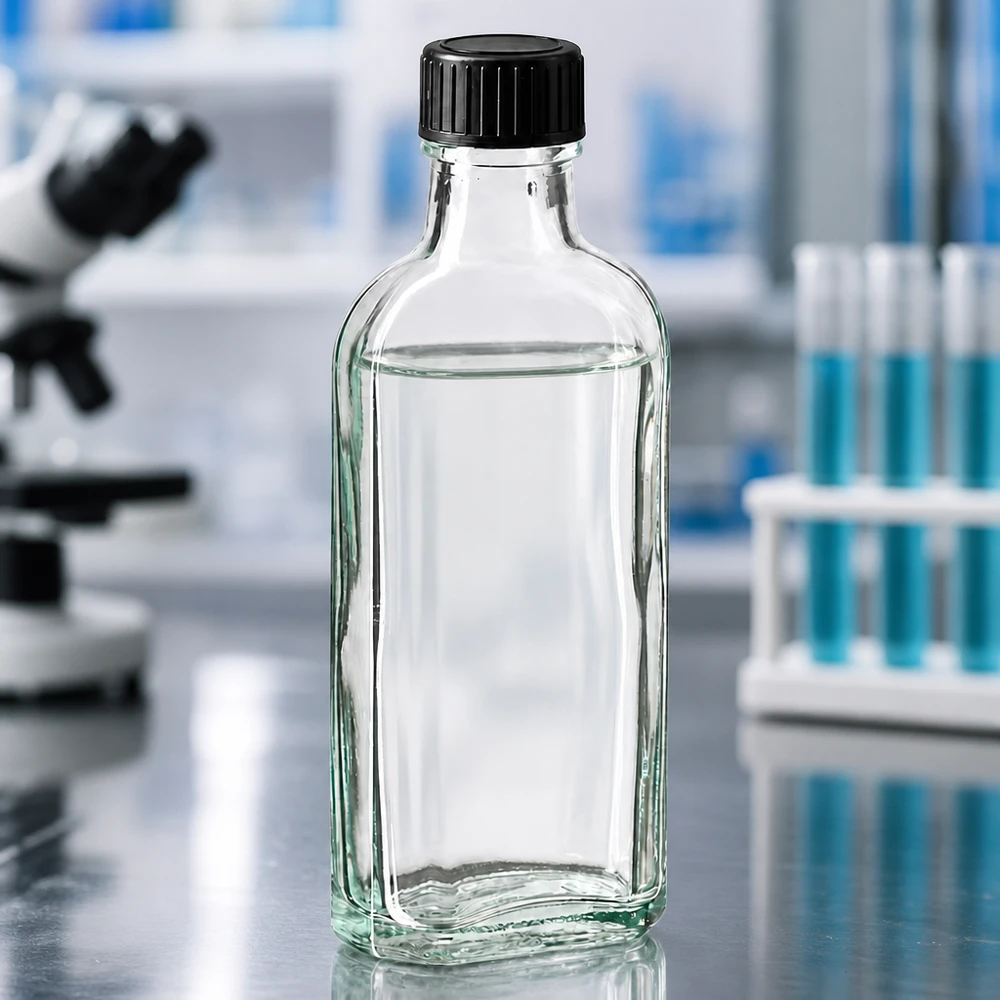Flasque transparente de 100 ml au goulot DIN 22, avec bouchon à vis DIN 22 noir et joint PEE Flacon en verre Meplat de 100 ml muni d'un bouchon à vis noir, devant un microscope et des tubes à essai bleus dans un laboratoire