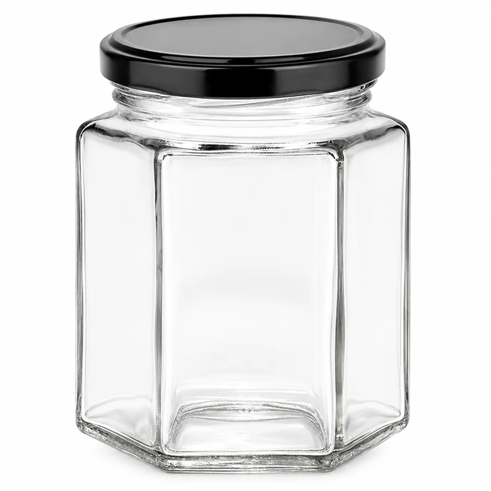 196ml Hexaglas avec couvercle noir BasicSeal - pot à confiture hexagonal en verre clair pour conserves et pâtes à tartiner