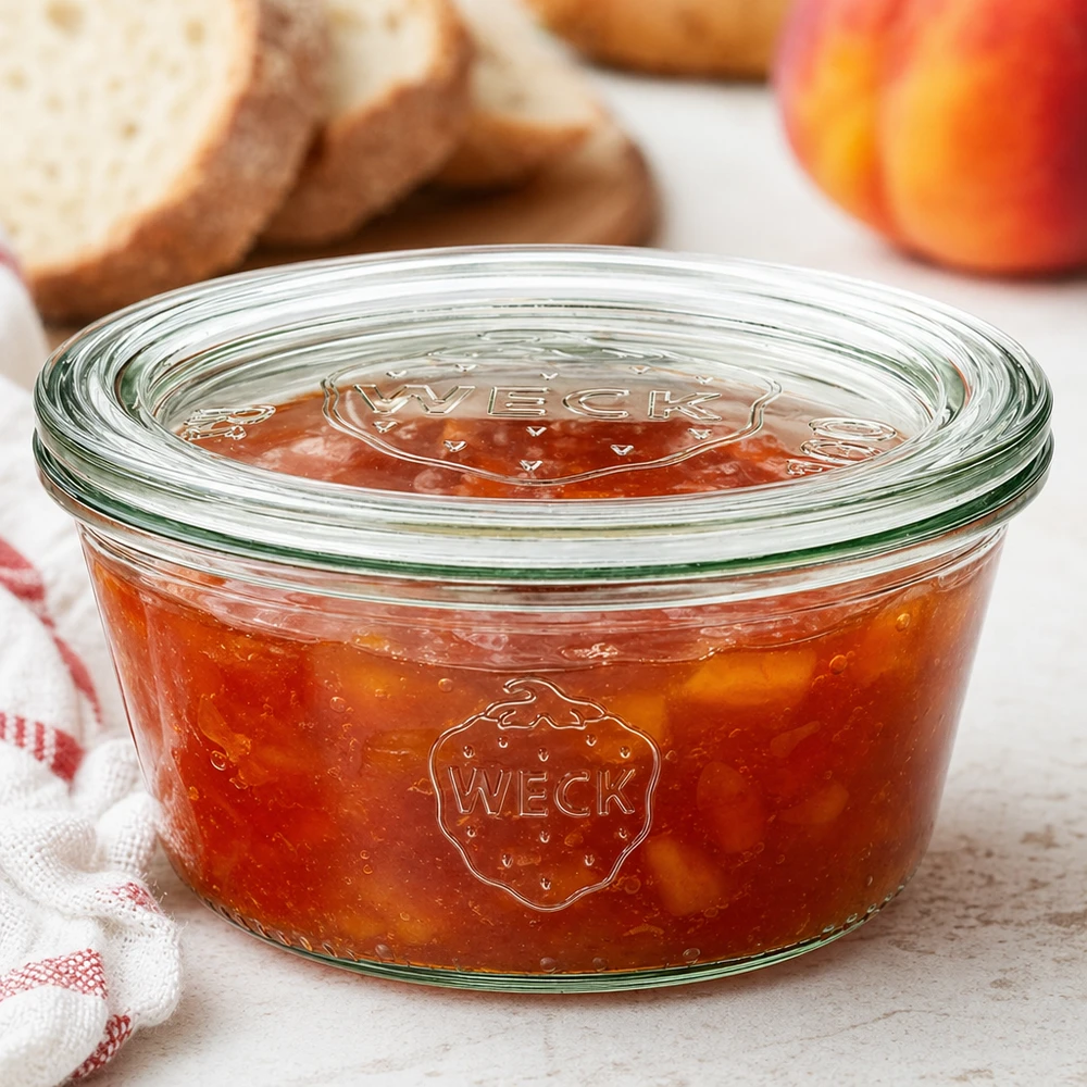 Bocal WECK RR100 de 290 ml, à bord évasé et couvercle en verre WECK Pot 290ml RR100 avec confiture de pêche et couvercle en verre à côté de pain et de fruits dans une scène de cuisine confortable