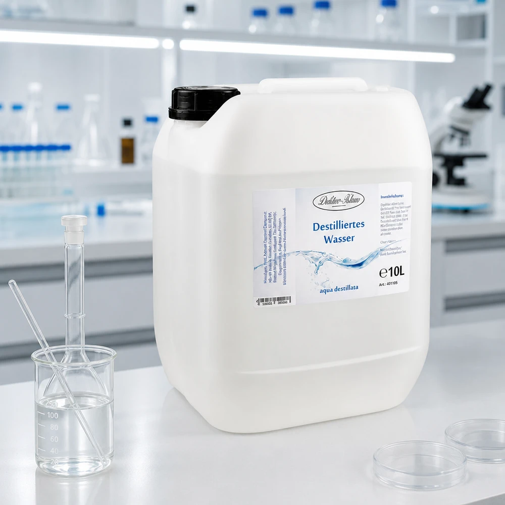 Eau distillée Doktor-Klaus 10L dans un environnement de laboratoire de haute qualité avec appareils en verre et microscope