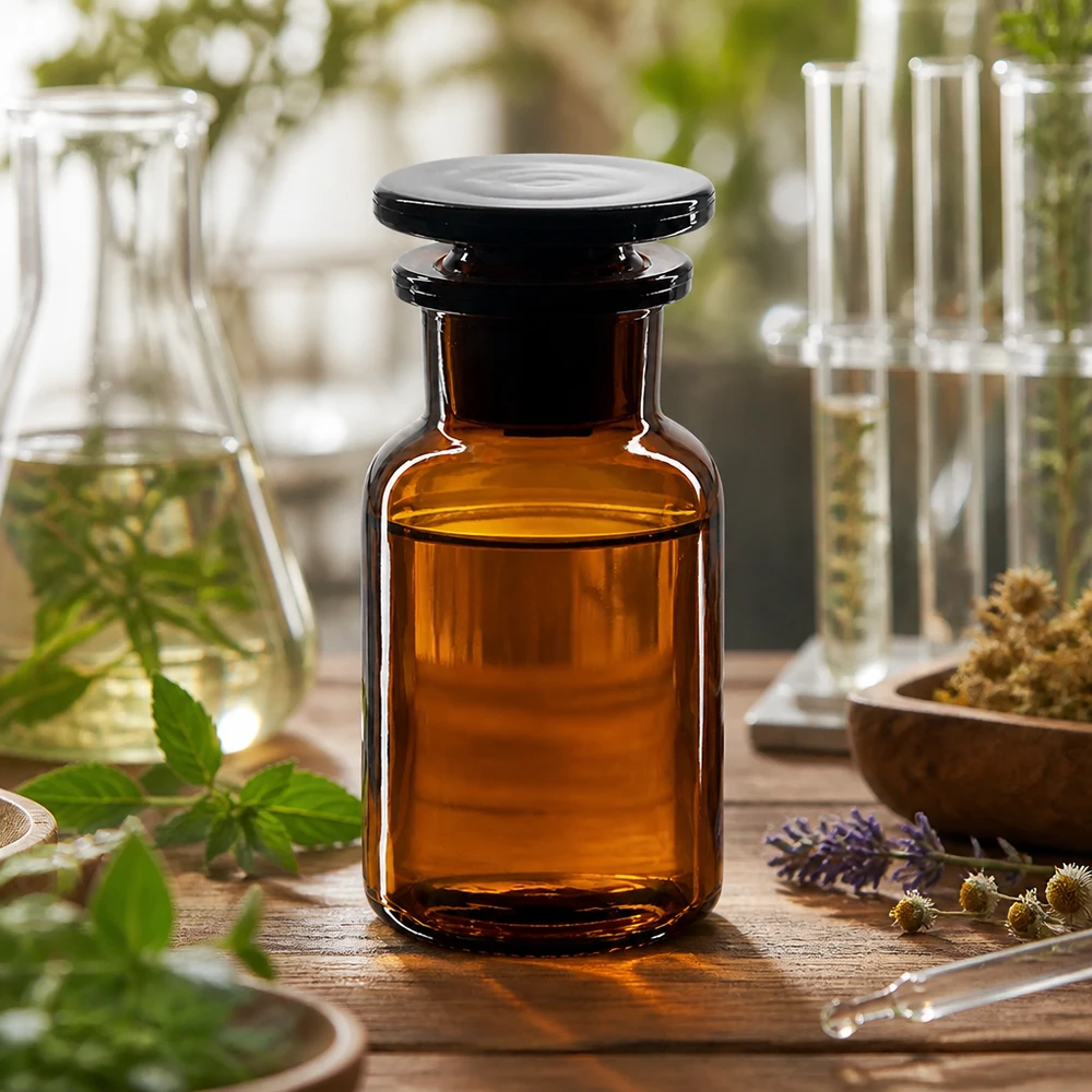 Flacon pharmaceutique 100 ml col large + bouchon verre ambré Flacon de pharmacie couleur ambre de 100 ml à col large, muni d'un bouchon en verre noir, posé sur une table en bois