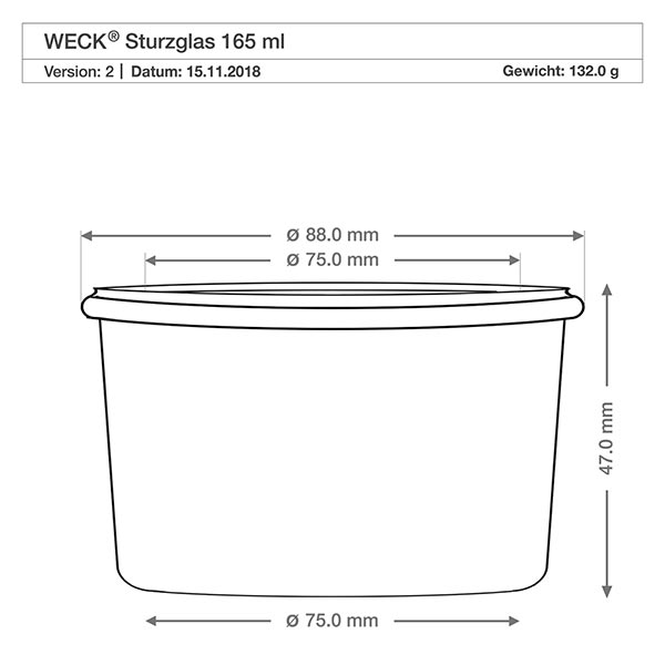 165ml bocal conique complet WECK RR80 Dessin technique du verre renversé WECK 165ml RR80 avec dimensions diamètre 88mm hauteur 47mm poids 132g