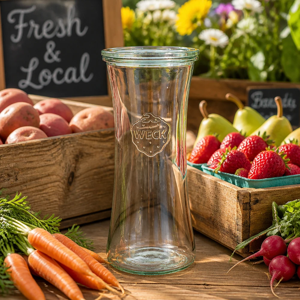 WECK Pot d'épicerie fine 700ml RR80 entre des fruits et légumes frais sur une table en bois rustique - Pot de conservation pour des pro