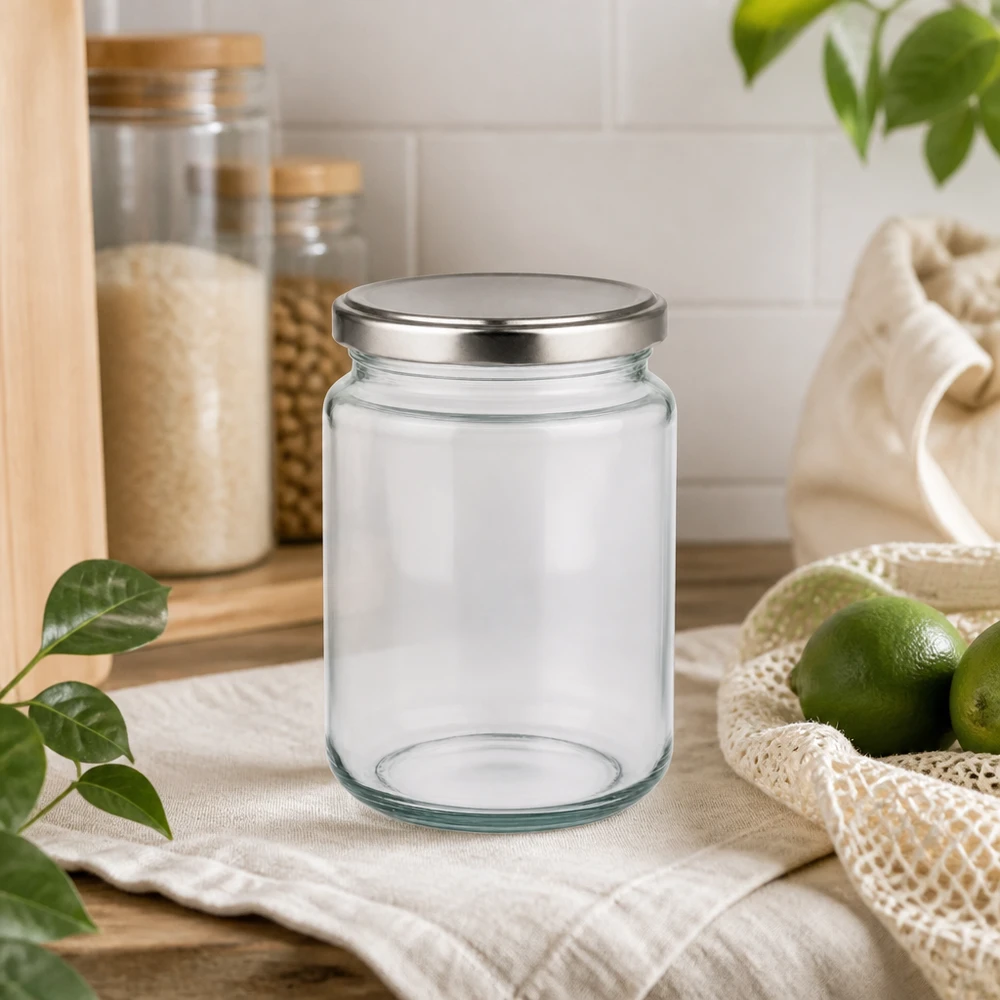 382ml Verre rond avec couvercle BasicSeal argent UNiTWIST 382ml Rundglas mit silbernem Deckel in nachhaltiger Küchenumgebung mit Limetten Jutebeutel Glasvorräte Öko-Lifestyle