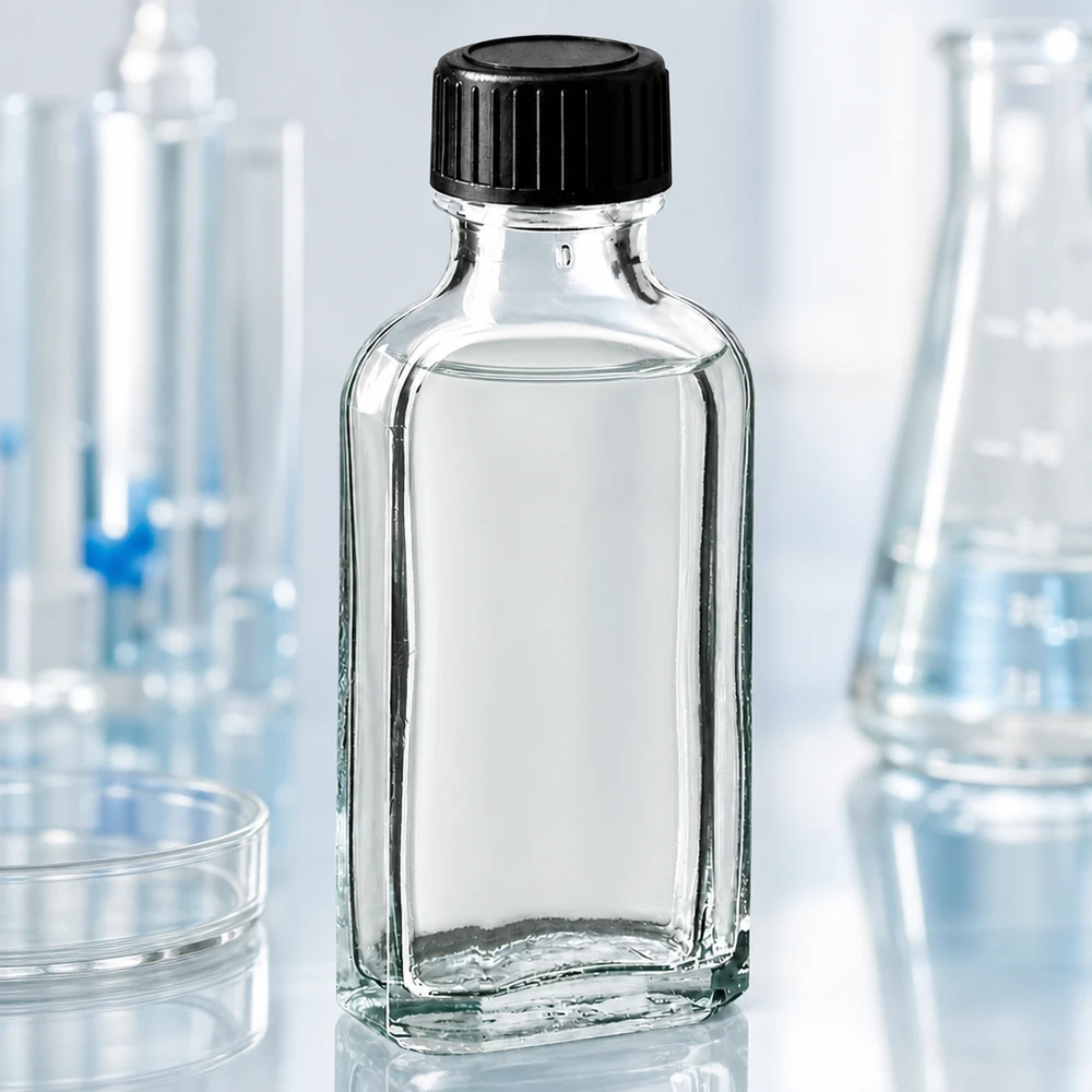 Flacon Meplat transparent de 50 ml avec rondelle d'étanchéité en EPE et bouchon noir, en milieu de laboratoire