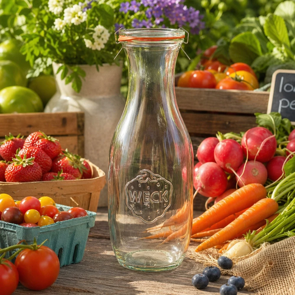 WECK Bouteille de jus 1062ml RR60 vide entre des légumes frais fruits sur table en bois Farmers Market Ambiente naturel