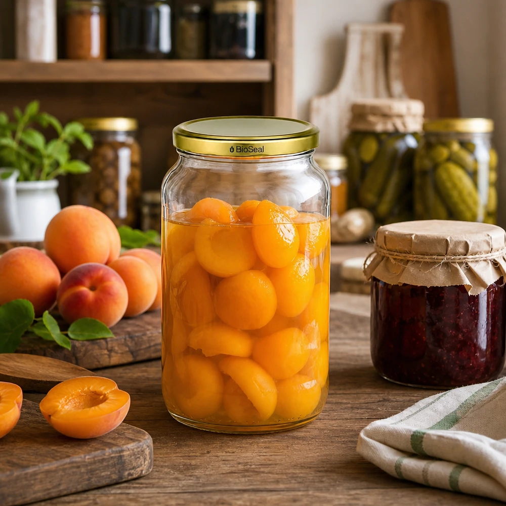 1062ml Verre rond avec couvercle BioSeal or UNiTWIST UNiTWIST Runda1062 Pot de conservation rempli d'abricots TO82 BioSeal Couvercle doré Conservation des fruits