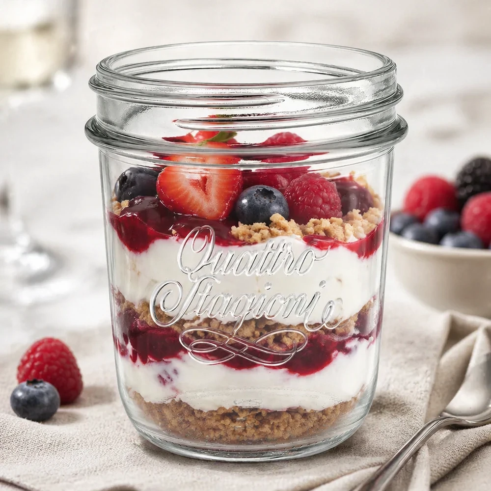 Quattro Stagioni Pot renversé 320ml rempli de dessert de baies en couches QS86mm Bouchon à vis Mason Jar