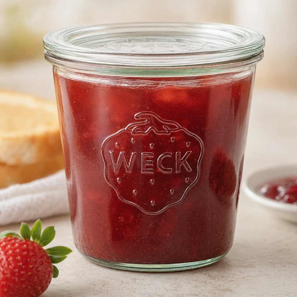 Bocal en verre de 580 ml avec couvercle en verre WECK RR100 WECK Pot renversé 580ml RR100 avec confiture de fraise rouge et logo Strawberry sur le plan de travail de la cuisine