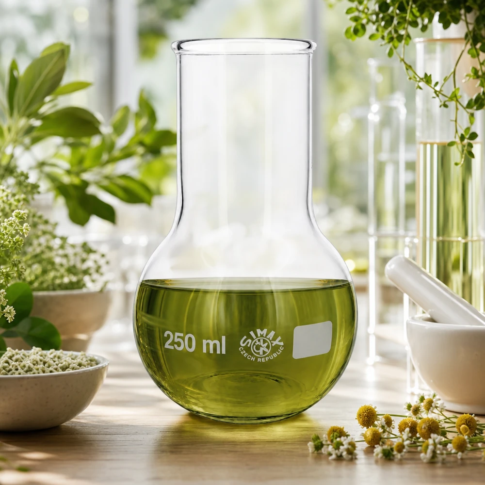 Ballon rond de 250 ml à col large sur un plan de travail avec mortier et plantes médicinales fraîches arrangées