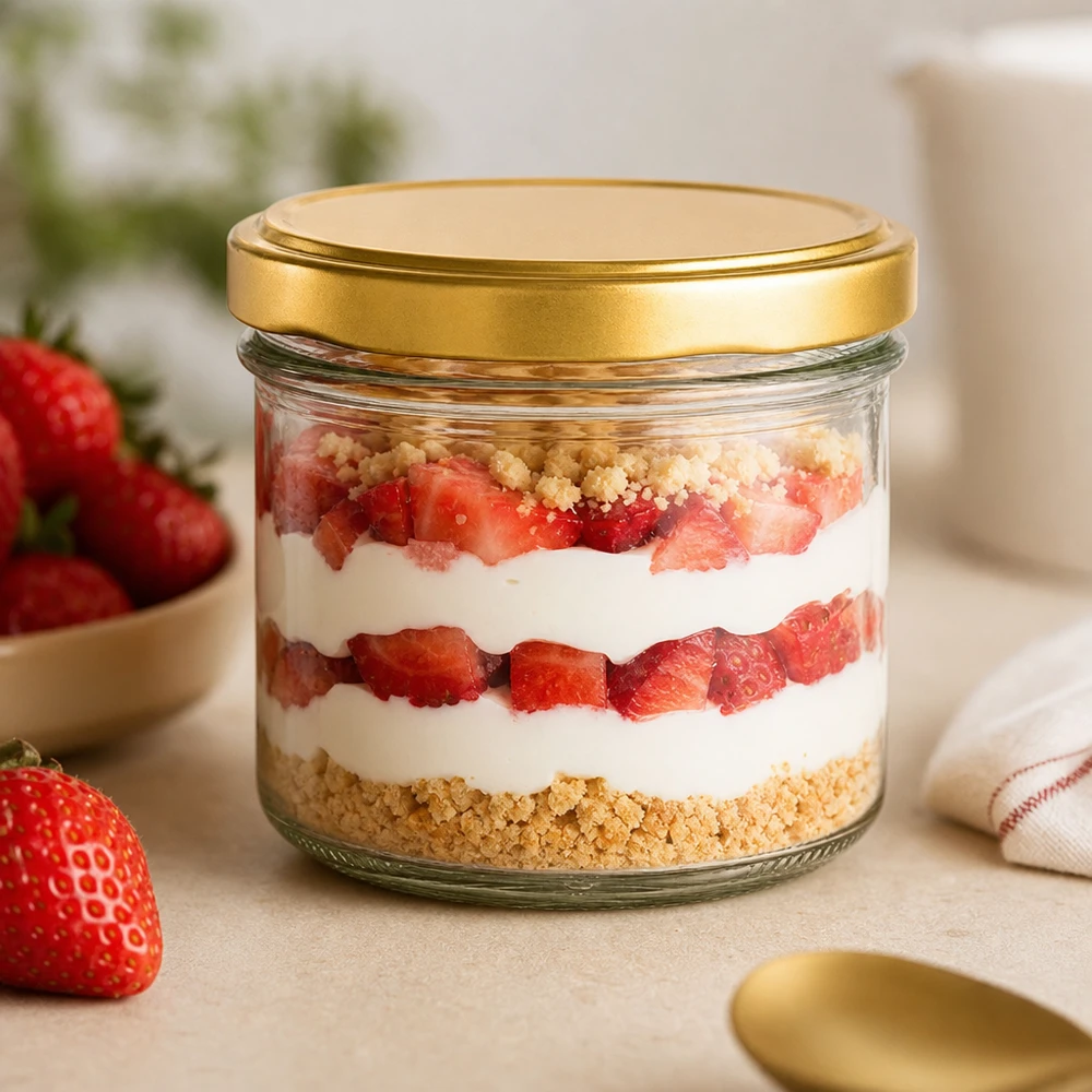 Verre renversé de 225 ml UNiTWIST doré avec couvercle BasicSeal comme verre à dessert pour trifle aux fraises avec crème et fond de biscuit