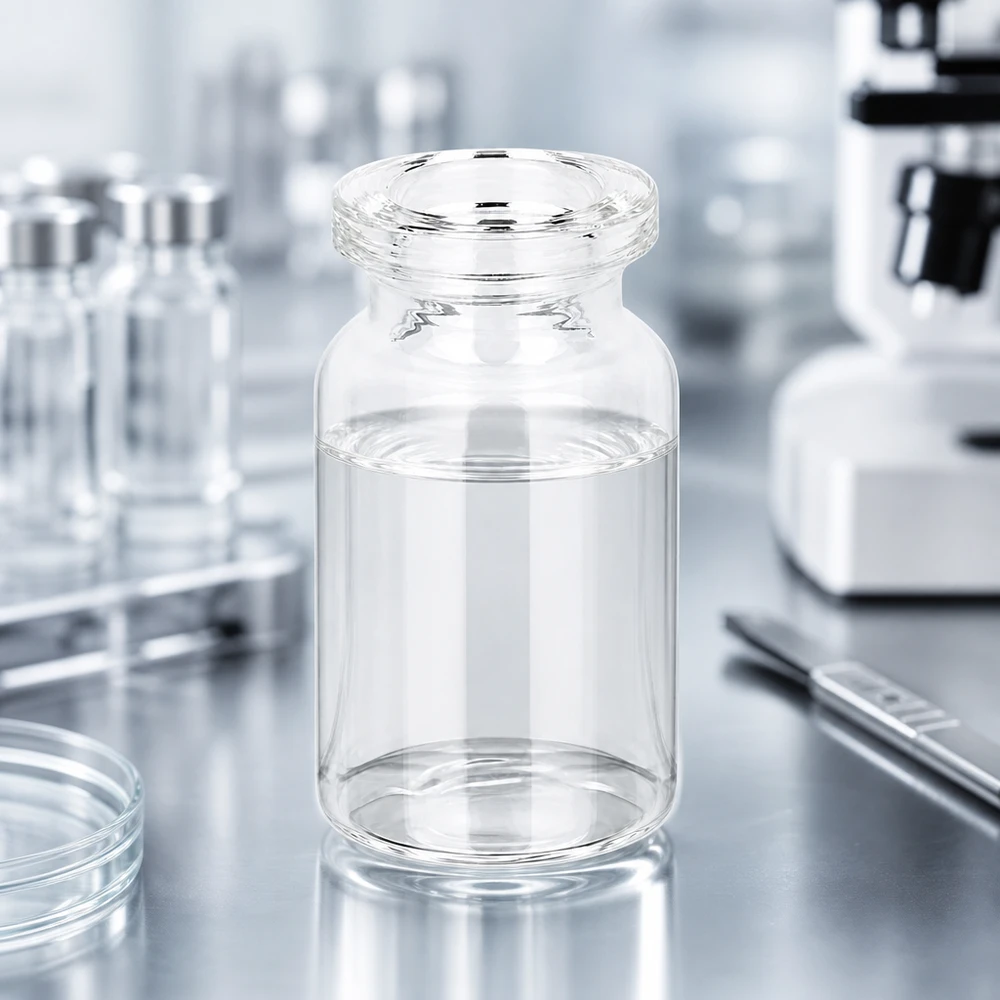 Flacon d'injection en verre clair 5 ml Hochwertige Klarglas Viale 5ml für Injektionslösungen vor medizinischem Laborhintergrund mit Mikroskop