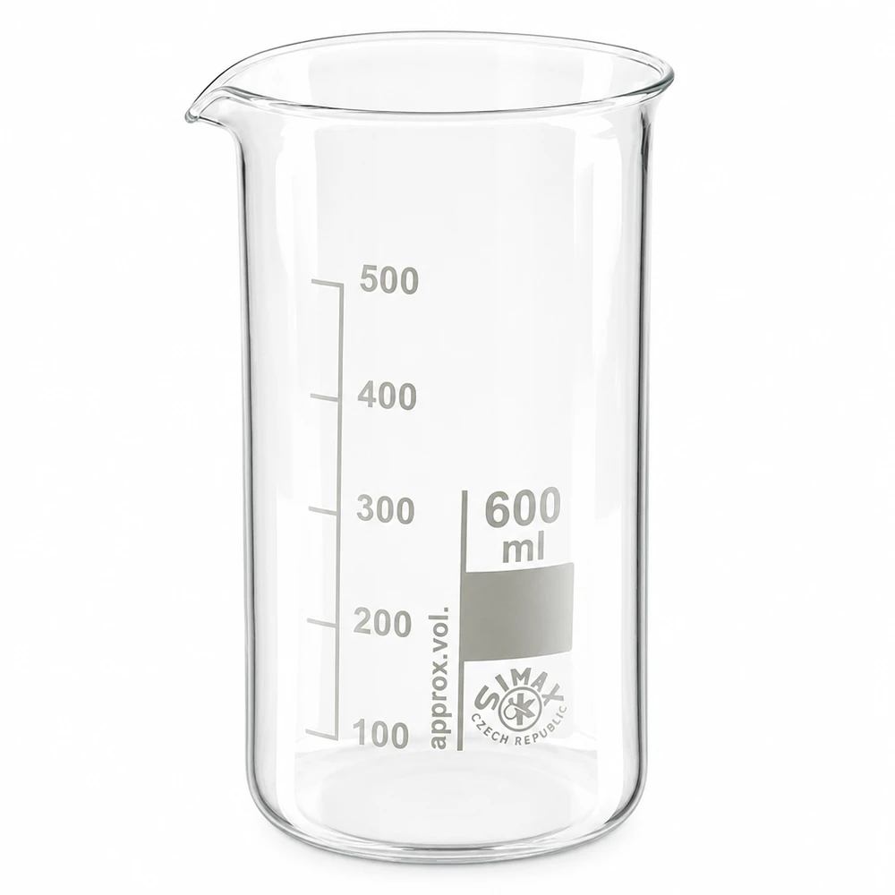 Bécher de 600 ml, de forme haute, en verre borosilicaté, avec une graduation en millilitres de 100 à 500 ml