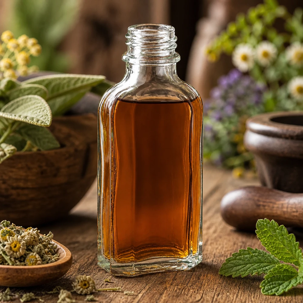 Flacon Meplat plat de 50 ml, transparent, avec filetage DIN22, entouré de plantes médicinales et de fleurs