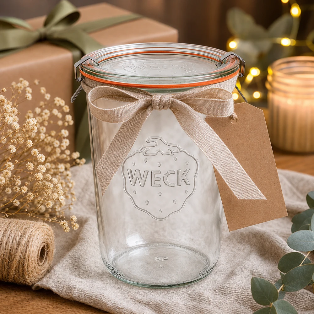 850ml bocal conique complet WECK RR100 WECK 850ml verre renversé RR100 comme idée de cadeau décoré avec un ruban et un pendentif dans une scène de Noël chaleureuse