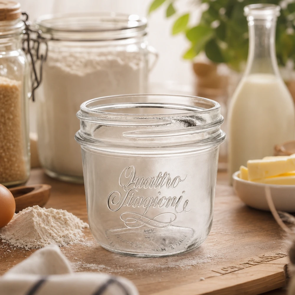 200ml Verre rond "Quattro Stagioni" QS86mm 200ml Quattro Stagioni Bocal en verre sur table en bois avec ingrédients farine oeufs et bouteille de lait dans cuisine