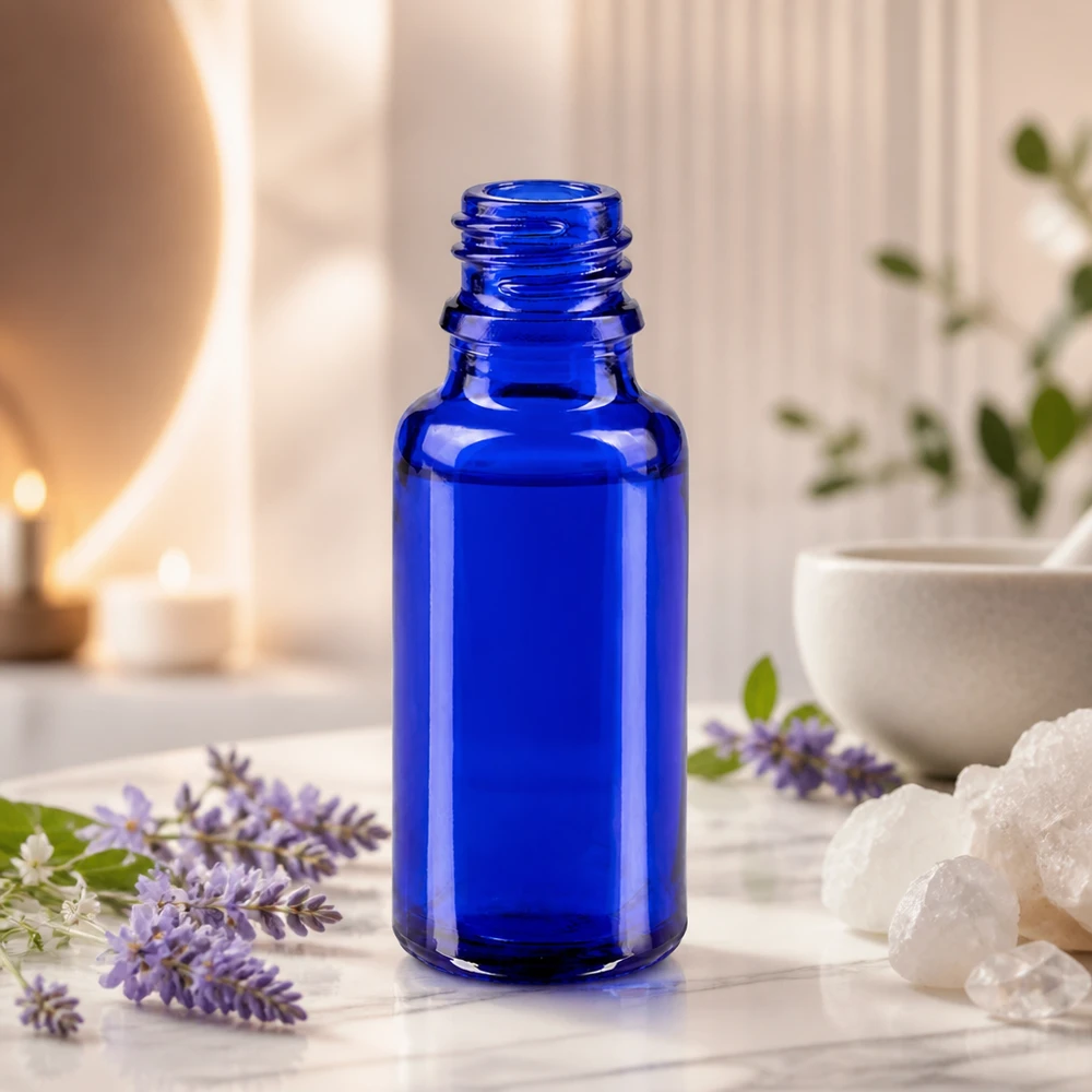 Flacon avec compte-gouttes 20 ml DIN18 - verre bleu Bouteille fine bleue de 20 ml d'ApoGlas au design classique pour les applications de bien-être et de spa