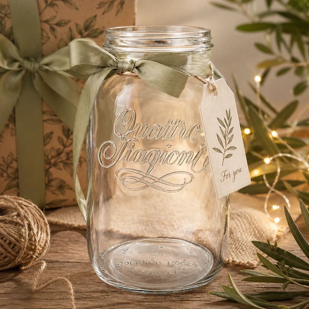3800ml Verre rond "Quattro Stagioni" QS110mm 3800ml Quattro Stagioni Verre de ménage décoré d'un ruban vert et d'une étiquette cadeau sur une table en bois rustique
