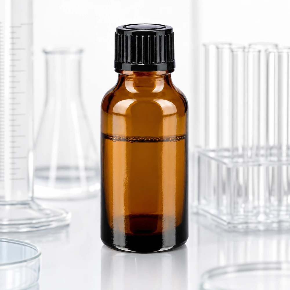 Flacon à pharmacie marron 20ml bouchon vissable noir standard Flacon de pharmacie de 20 ml en verre brun avec bouchon noir, utilisé en laboratoire
