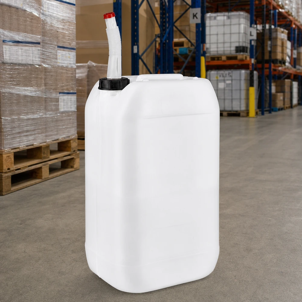 Bidon 15 litres avec tuyau d'écoulement Flex Bidon en plastique de 15 litres, adapté au contact alimentaire, avec bec verseur flexible, disponible en entrepôt