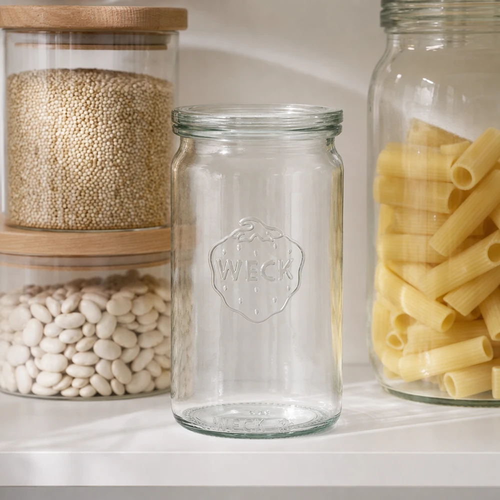 340ml bocal cylindrique avec bouchon en verre WECK RR60 WECK 340ml Zylinderglas RR60 leer in moderner Pantry zwischen Vorratsgläsern mit Hülsenfrüchten und Nudeln Küchenausstat