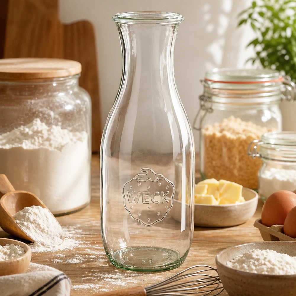 Bouteille à jus WECK RR60 de 1 062 ml WECK Bouteille de jus 1062ml RR60 dans la cuisine avec farine, œufs, beurre et ingrédients pour la pâtisserie comme récipient de cuisine polyvalent