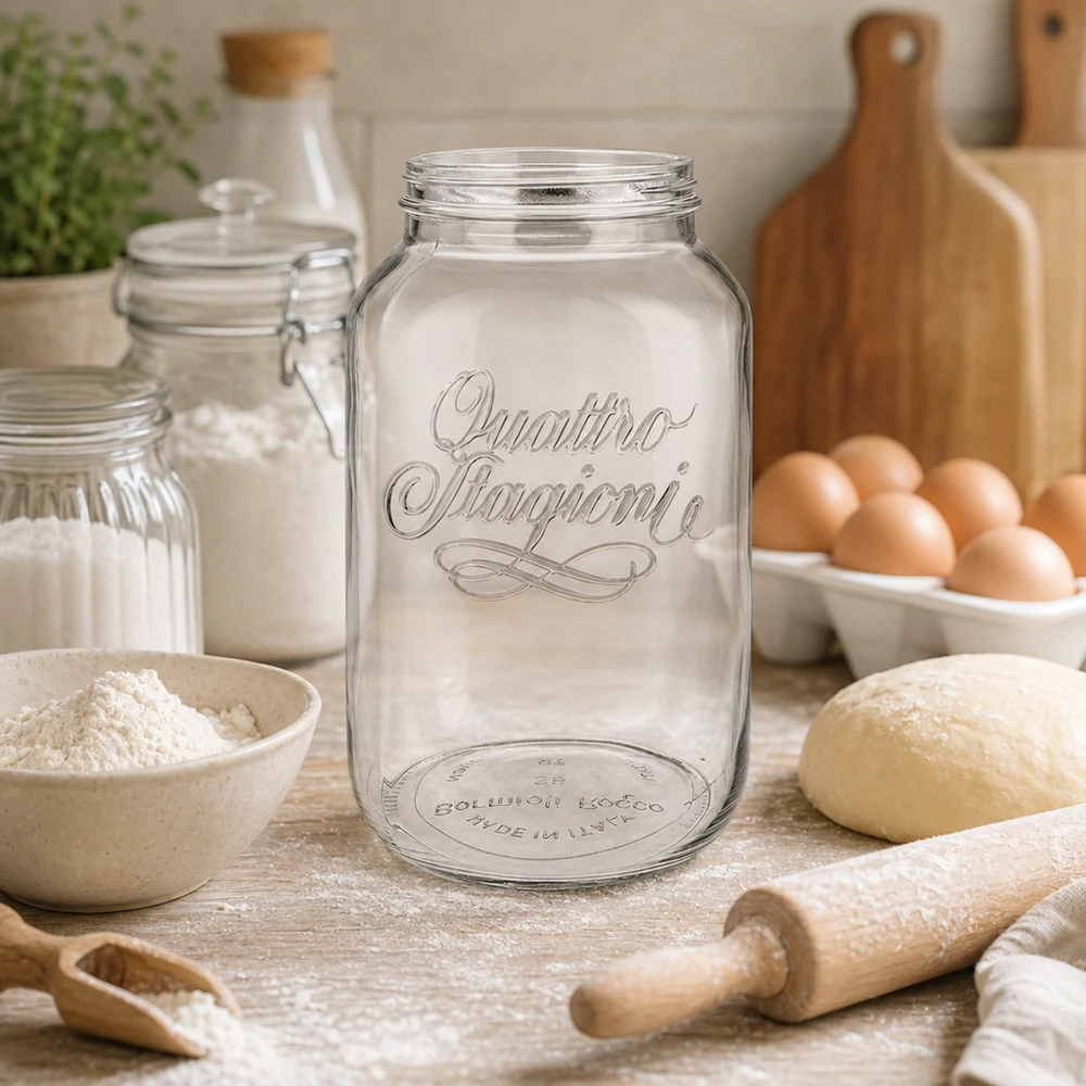 3800ml Quattro Stagioni Haushaltsglas in rustikaler Küche mit Backzutaten, perfekt für Vorratshaltung und Dekoration