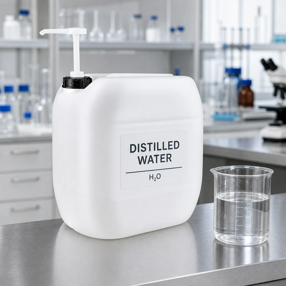 Jerrican de 30 litres avec pompe doseuse Bidon de laboratoire de 30 litres muni d'une pompe doseuse et rempli d'eau distillée H₂O