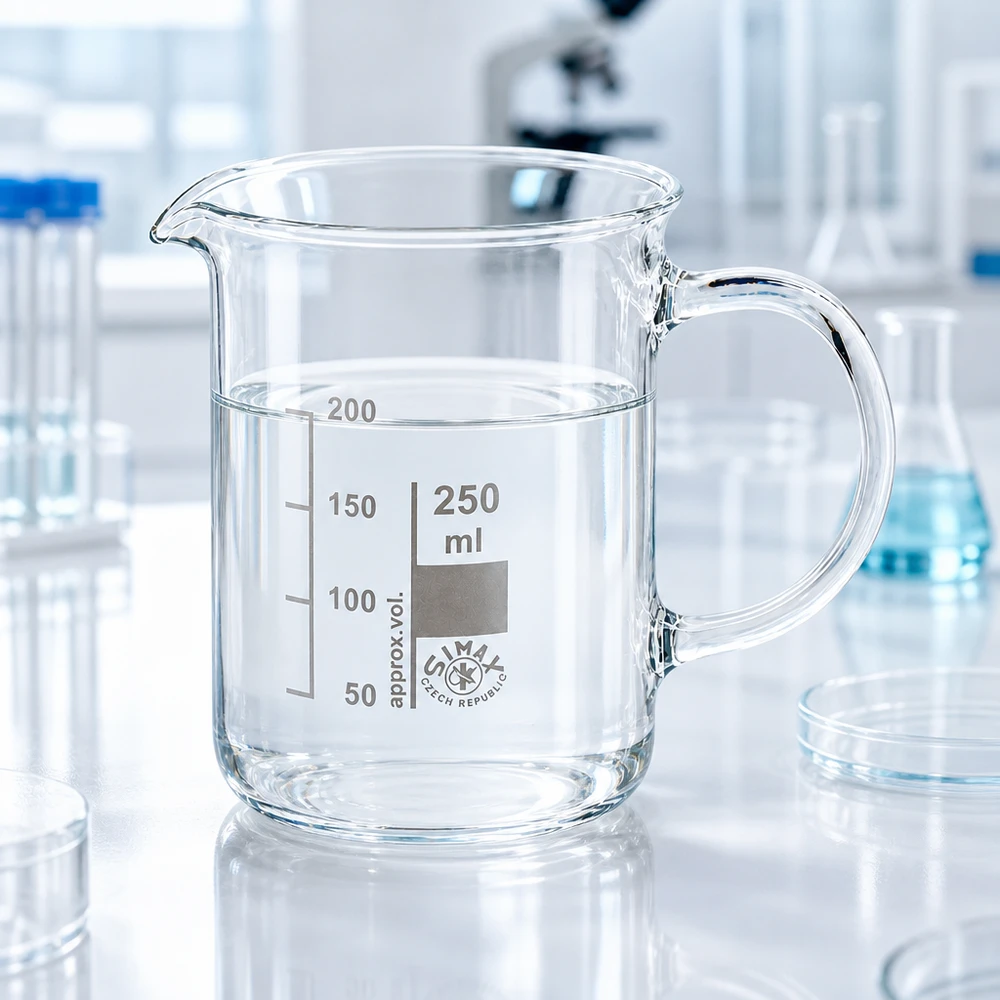 Bécher transparent de 250 ml avec anse et graduation en millilitres, destiné à un environnement de laboratoire moderne