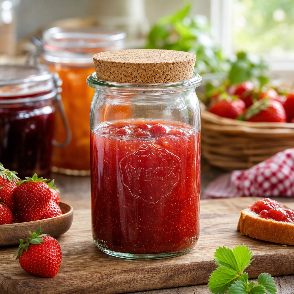 145ml bocal cylindrique WECK RR40 avec bouchon nature WECK Pot cylindrique de 145ml avec couvercle en liège rempli de confiture de fraises entouré de fraises fraîches sur table en bois
