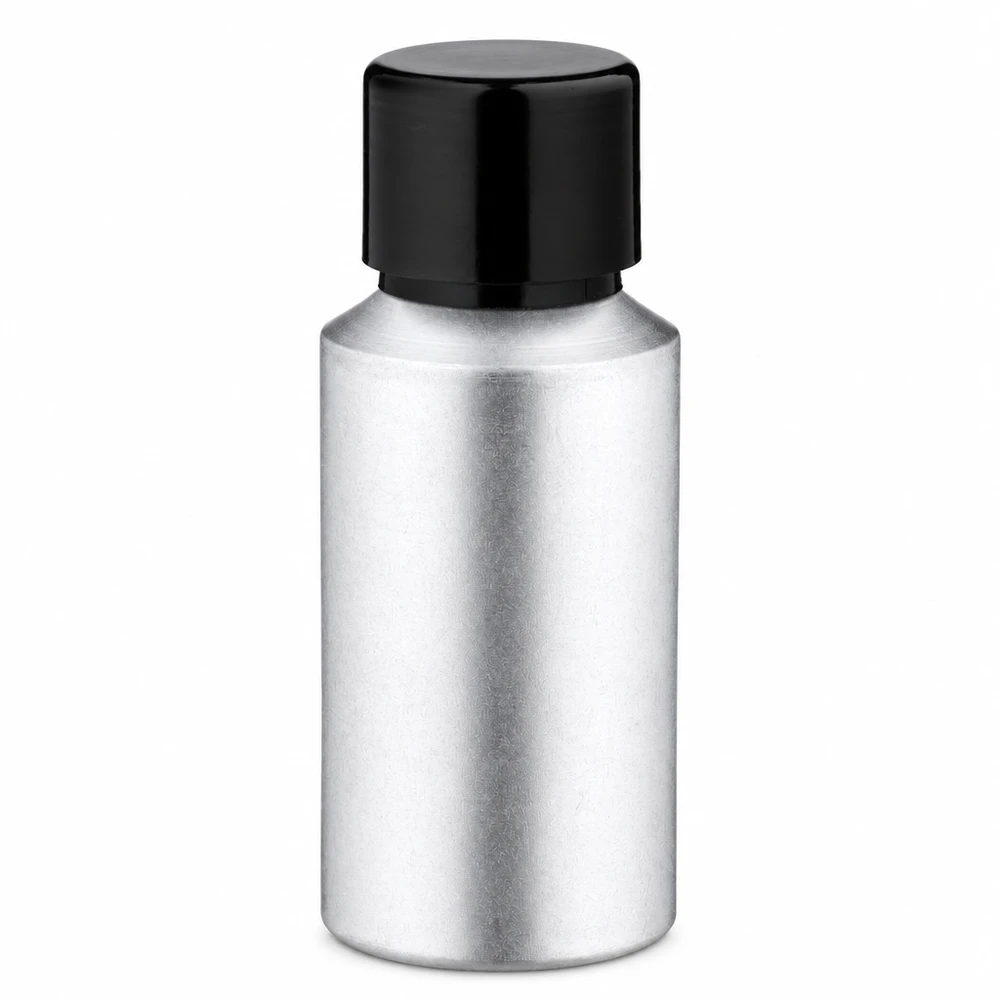 Bouteille compacte de 30ml en aluminium argenté avec bouchon à vis fixe noir