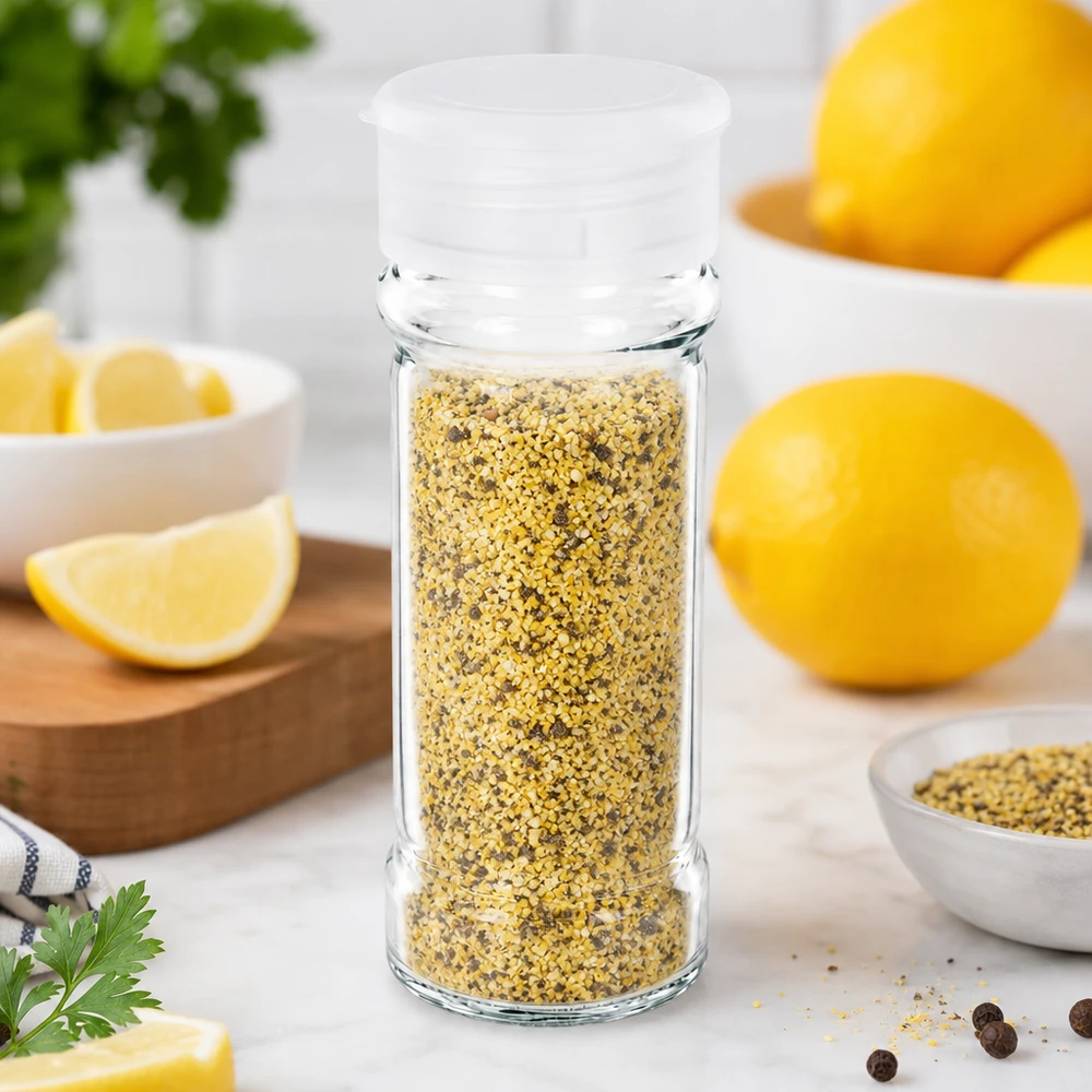 Pot à sel/épices 100 ml avec saupoudreuse, blanc Pot en verre transparent 100 ml avec couvercle en plastique blanc et mélange d'épices « poivre au citron »