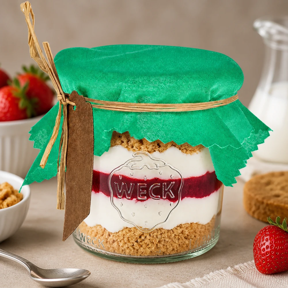 Couvre-bijoux en tissu vert 12cm carré sur verre à dessert avec dessert en couches et fraises fraîches comme décoration de table