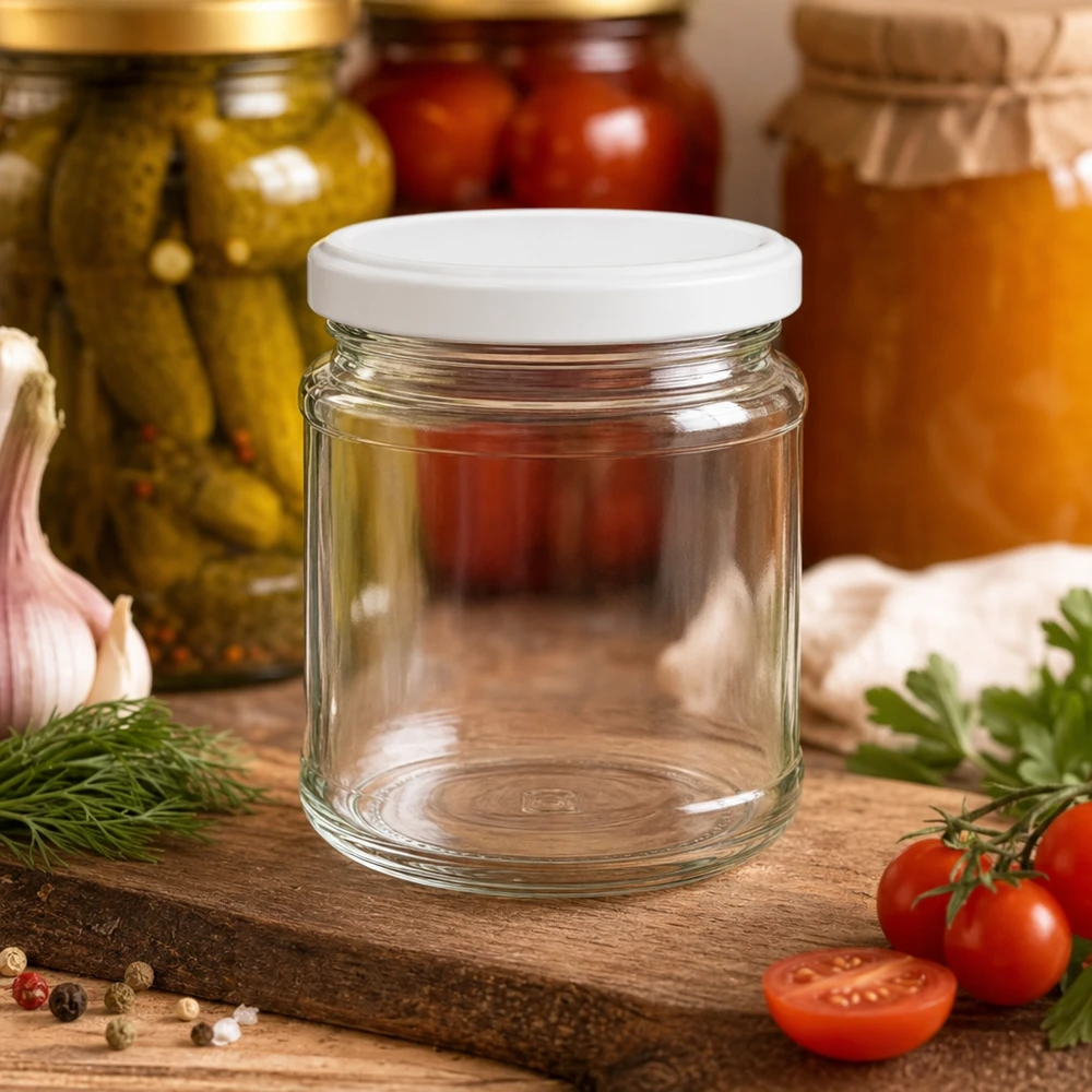 212ml Verre rond avec couvercle BasicSeal blanc UNiTWIST Pot de conserve de 212 ml avec couvercle blanc sur une planche en bois à côté de tomates, d'herbes aromatiques et de bocaux de conserve remplis en arrière-plan