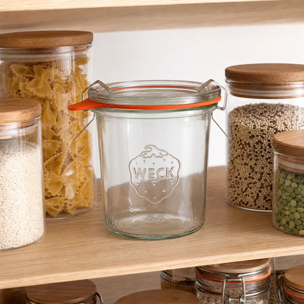 140ml bocal conique complet WECK RR60 WECK Pot renversé 140ml RR60 dans armoire à provisions avec pâtes riz et légumineuses pour la conservation des aliments